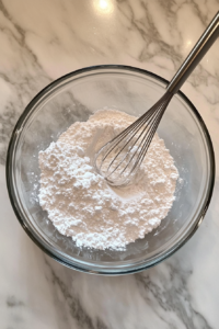 This image shows a clear glass mixing bowl filled with all-purpose flour, baking powder, baking soda, and kosher salt, resting on a white marble cooktop with a metal whisk placed inside.