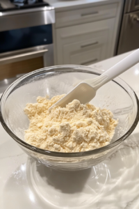 This image shows a clear glass bowl filled with bread flour, instant yeast, and kosher salt being gently mixed using a white rubber spatula, placed on a clean white marble countertop.