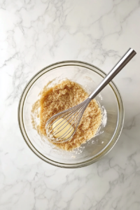 This image shows graham cracker crumbs, melted butter, and sugar being mixed in a glass bowl to form the base crust mixture.