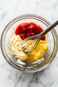 This image shows a mixture of yellow mustard, ketchup, mayo, relish, and stone ground mustard being whisked together in a clear glass bowl on a white marble countertop.
