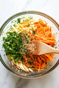 mixing-the-carrot-apple-salad-with-dressing-for-even-coating-and-flavor-distribution-top-down-shot