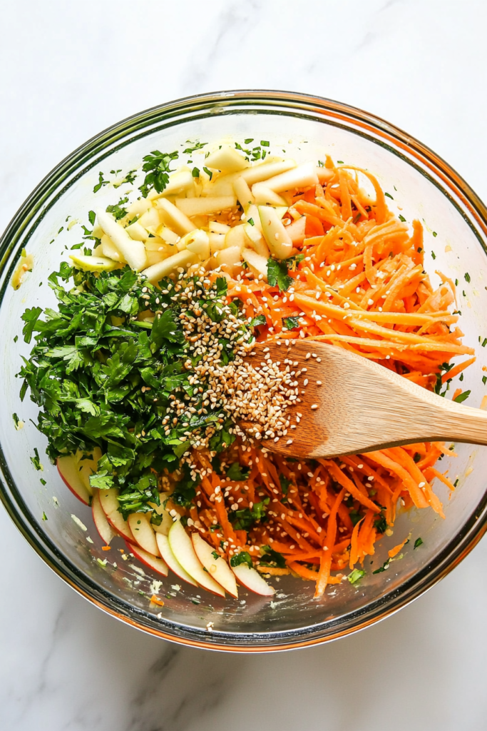 mixing-the-carrot-apple-salad-with-dressing-for-even-coating-and-flavor-distribution-top-down-shot