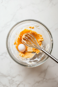 This image shows wet ingredients being whisked together in a large bowl, blending flavors to create a rich batter for the carrot soufflé.