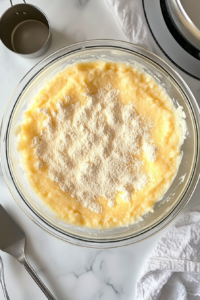 This image shows a clear glass mixing bowl filled with dry yellow cake mix and vanilla pudding mix, sitting on a clean white marble cooktop, with measuring spoons and a stainless measuring cup nearby.