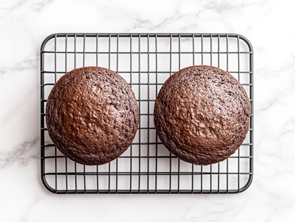 This image shows a top-down view of a moist chocolate cake with rich, glossy chocolate frosting and chocolate shavings, placed on a clean white marble countertop.