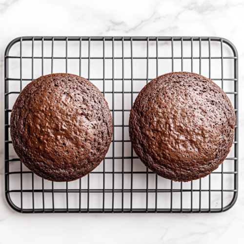This image shows a top-down view of a moist chocolate cake with rich, glossy chocolate frosting and chocolate shavings, placed on a clean white marble countertop.