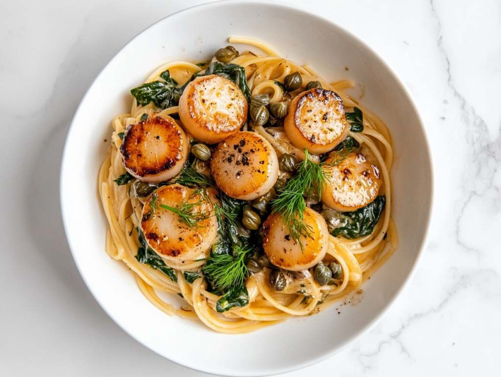 mushroom-scallop-pasta-in-white-plate-with-sauteed-mushrooms-and-herbs