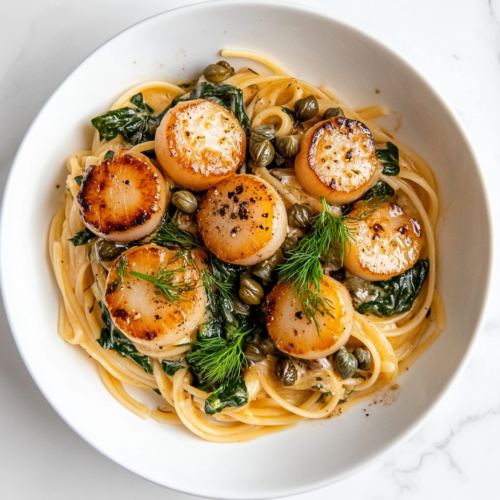 mushroom-scallop-pasta-in-white-plate-with-sauteed-mushrooms-and-herbs