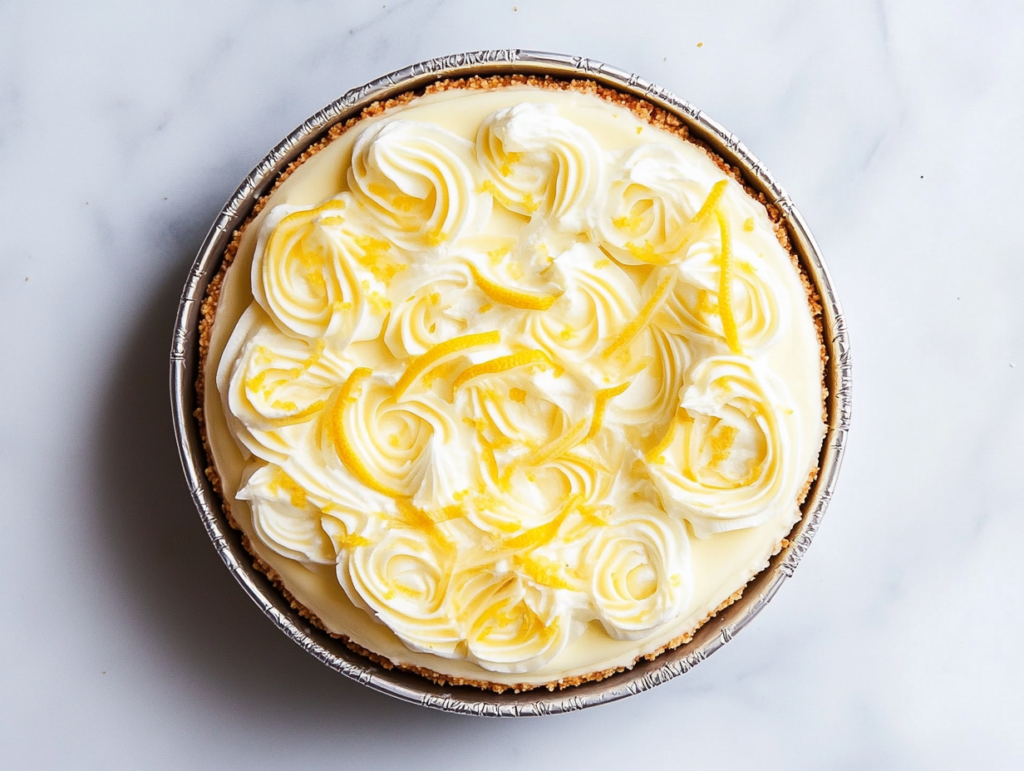 no-bake-lemon-cheesecake-with-white-whipped-cream-topping-and-lemon-zest-in-round-shape-on-cake-stand