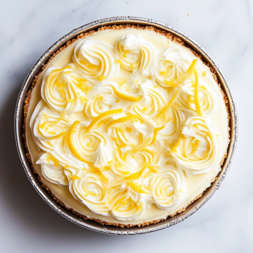 no-bake-lemon-cheesecake-with-white-whipped-cream-topping-and-lemon-zest-in-round-shape-on-cake-stand