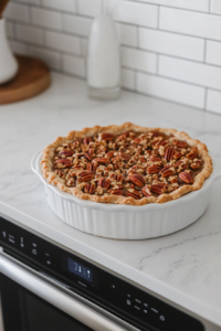 This image shows the pecan pie apple crisp baking in the oven, turning golden and bubbling at the edges.
