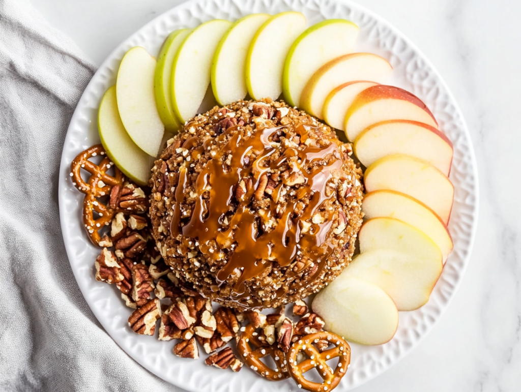 pecan-pie-cheese-ball-topped-with-caramel-and-pecans-served-with-apple-slices