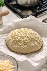 This image shows the reserved 1/3 portion of Colby cheese piled generously on top of the round dough loaf, forming a cheesy crown, with the loaf resting on parchment paper over a white marble cooktop.