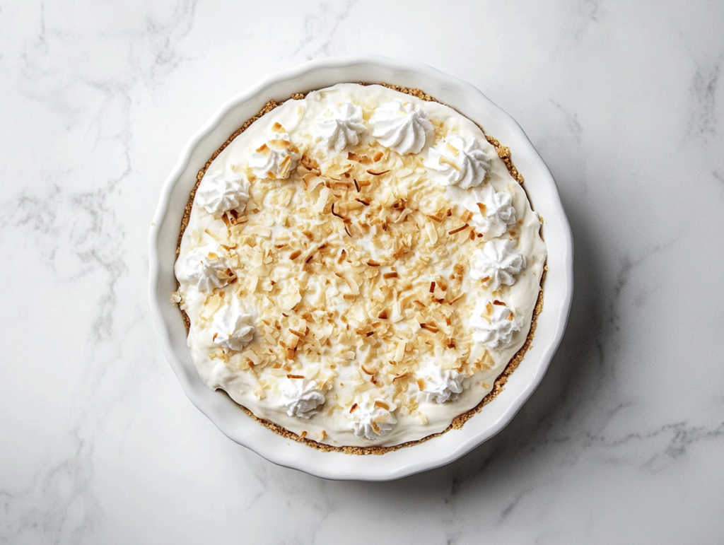 This image shows a luscious pina colada pie in a round white baking dish, topped with a fluffy cream cheese coconut topping and a generous sprinkle of grated coconut.