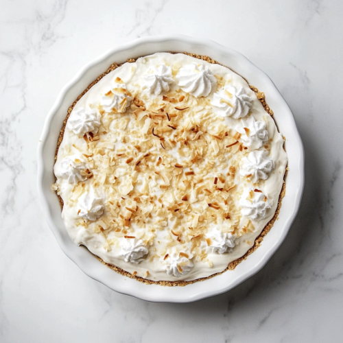 This image shows a luscious pina colada pie in a round white baking dish, topped with a fluffy cream cheese coconut topping and a generous sprinkle of grated coconut.