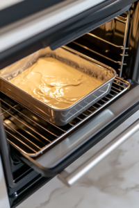 This image shows the butter cake batter in its square pan being placed into a preheated oven, with the oven door open and the white marble cooktop visible below.