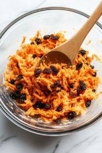 This image shows creamy dressing being poured into the bowl of shredded carrots and raisins, beginning the mixing process on a white marble countertop.