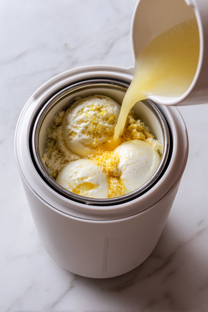 pouring-lemon-mixture-into-white-ice-cream-maker-on-marble