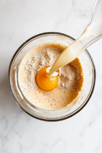 This image shows milk, melted butter, and an egg being poured into a well made in the center of the dry ingredients.