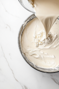 This image shows the creamy cheesecake mixture being poured over the prepared graham cracker crust in a springform pan.