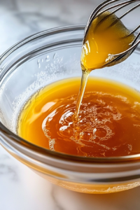This image shows the warm butter mixture being slowly poured into a bowl of beaten eggs while whisking to create a smooth, unified mixture.