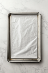 This image shows an oven being preheated and a baking sheet lined with parchment, ready for roasting the nuts used in the broccoli salad.