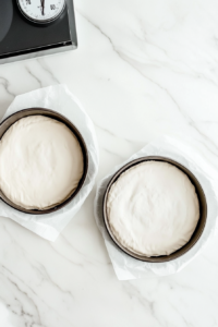 This image shows an oven being preheated and round pans prepared with parchment paper, getting everything ready for the keto carrot cake batter.