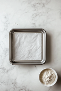 This image shows an 8-inch square silver baking pan being lined with parchment paper on a white marble countertop, ready for the butter cake batter, with a small bowl of flour nearby.