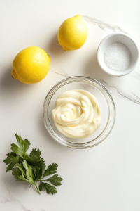 This image shows mayonnaise, lemon juice, and salt neatly organized in a small clear glass bowl and two white ceramic prep bowls on a clean white marble surface.