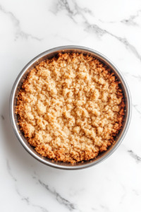 This image shows the prepared crumb mixture being pressed into the bottom of a 9-inch springform pan to create the cheesecake crust.