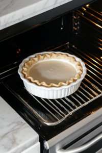 This image shows the pie in the oven during the high-temperature first bake, helping to set the crust and start the caramelization of the filling.
