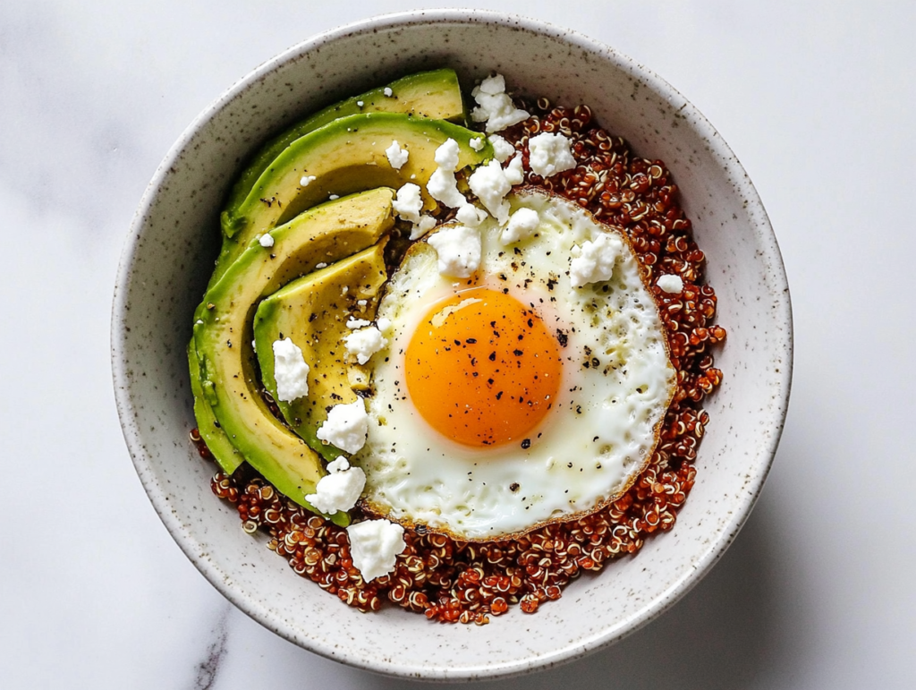This image shows a white ceramic bowl filled with fluffy quinoa, perfectly cooked eggs, and creamy avocado slices, artfully arranged for a wholesome and satisfying breakfast bowl.