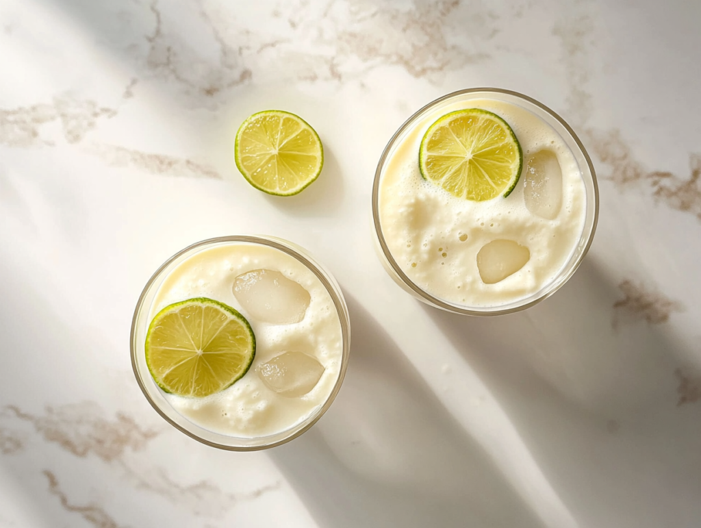 This image shows two beautifully chilled glasses of Brazilian lemonade, glowing with a pale citrus hue and garnished with vibrant lemon slices, set against a sunny backdrop that evokes tropical freshness.