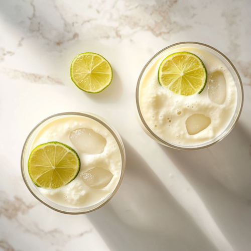 This image shows two beautifully chilled glasses of Brazilian lemonade, glowing with a pale citrus hue and garnished with vibrant lemon slices, set against a sunny backdrop that evokes tropical freshness.