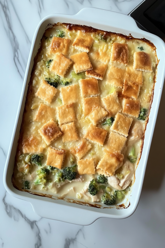 This image shows the freshly baked Chicken Broccoli Rice Casserole resting uncovered in a white ceramic dish on a white marble countertop.