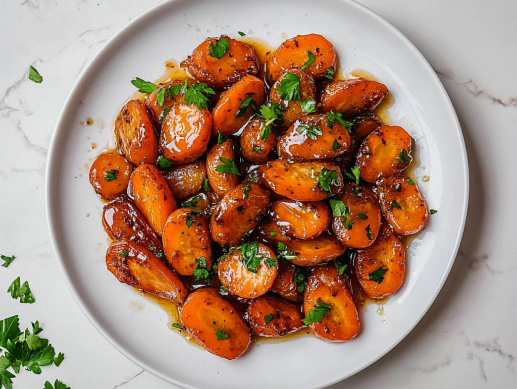 roasted-glazed-carrots-served-on-a-round-white-plate-with-cilantro-garnish