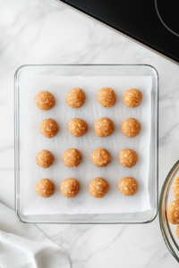 This image shows smooth, evenly rolled Butterfinger balls neatly arranged in rows on a parchment-lined baking sheet. The baking sheet rests on a white marble cooktop, with a small glimpse of the remaining dough in the glass bowl adding visual context to the preparation process.