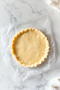 This image shows the dough rolled out and pressed perfectly into a 9-inch tart pan with fluted edges