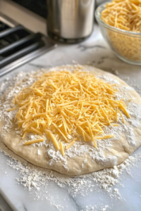 This image shows half of the shredded Colby cheese being scattered evenly over the surface of the dough disc, which is resting on a clean white marble countertop.
