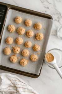 This image shows a white cookie scoop portioning out perfect mounds of Butterfinger dough onto a parchment-lined baking sheet. The glass bowl filled with the remaining dough is nearby, and all elements rest over a white marble cooktop, emphasizing a clean and organized kitchen setup.