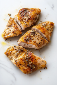 This image shows butterflied chicken breasts seasoned with olive oil, garlic powder, onion powder, salt, and pepper, laid on a white marble surface.