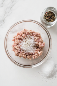 This image shows salt and pepper sprinkled over a chicken burger mixture in a glass bowl, placed on a clean white marble surface.