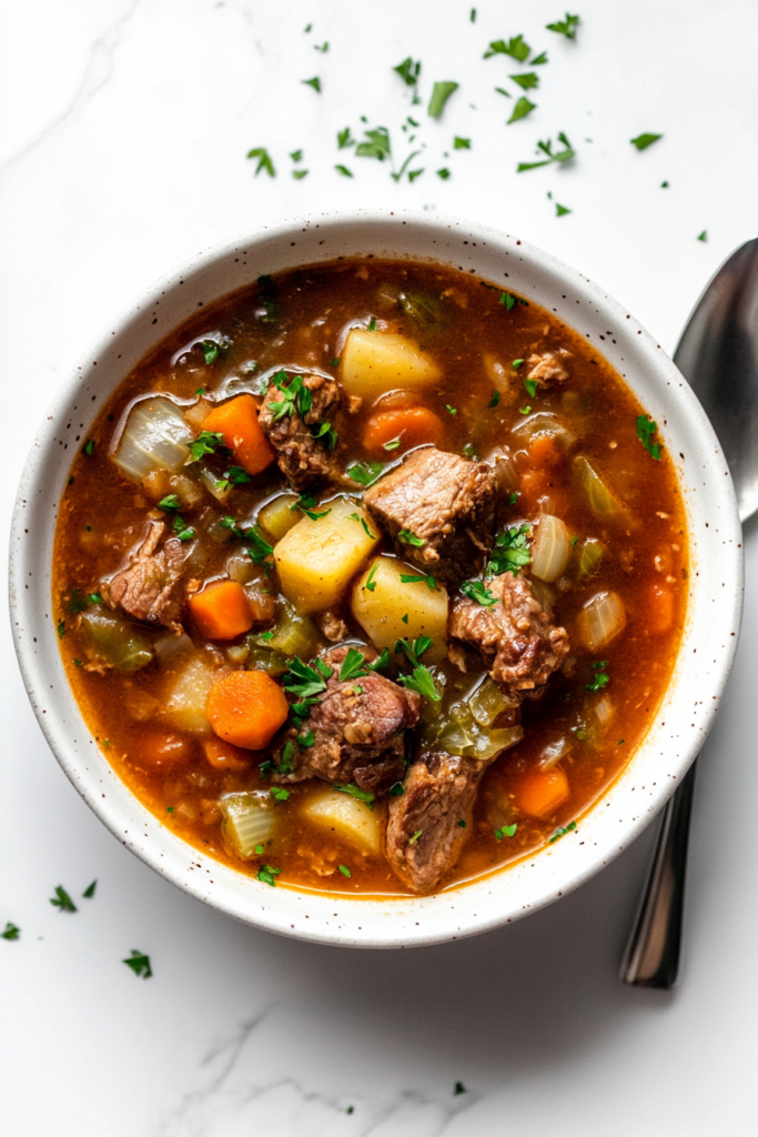 serving-hearty-irish-stew-from-dutch-oven-into-white-bowl-on-marble-countertop