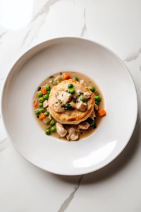 This image shows a serving of the creamy chicken mixture spooned over a biscuit on a white plate placed on the white marble cooktop