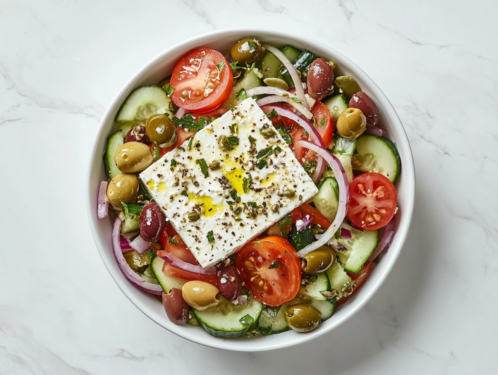 This image shows a vibrant Athens Salad served in a round white bowl, filled with chopped tomatoes, crisp cucumbers, and red onions, all topped generously with freshly ground black pepper.