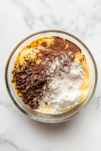 This image shows the fluffy egg white mixture being folded into the yolk mixture in three additions in a clear glass bowl on a white marble countertop.