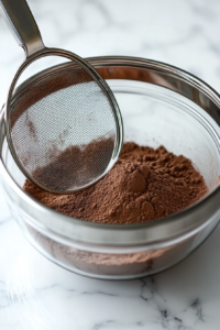 This image shows cocoa powder, sugar, and flour being sifted through a fine mesh sieve into a glass bowl over a white marble countertop.