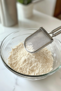 This image shows flour, baking powder, and salt being sifted into a large clear glass mixing bowl using a stainless steel sifter, all placed on a clean white marble cooktop.
