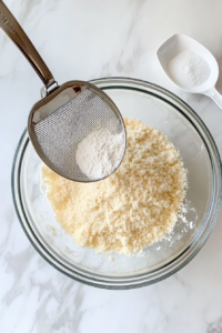 This image shows flour, baking powder, sugar, and salt being sifted into a large mixing bowl to form the dry base for pancake batter.