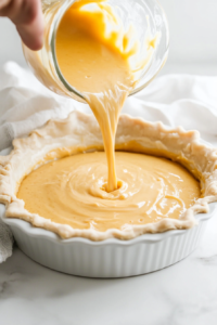 This image shows the creamy pumpkin mixture being gently poured into an unbaked pie crust, settling evenly for a smooth finish.